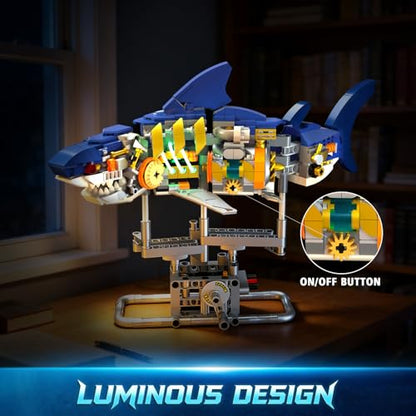 INSOON Mechanical Shark Building Set STEM Toy with LED Light for Boys 8-12+