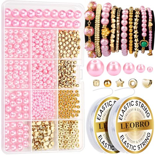 LEOBRO Pearl Beads for Bracelets, Pink Beads for Jewelry Making, Friendship Bracelet Kit, Crafts & DIY Jewelry Bracelet Making Kit - color: Pink