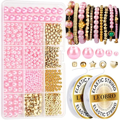 LEOBRO Pearl Beads for Bracelets, Pink Beads for Jewelry Making, Friendship Bracelet Kit, Crafts & DIY Jewelry Bracelet Making Kit - color: Pink