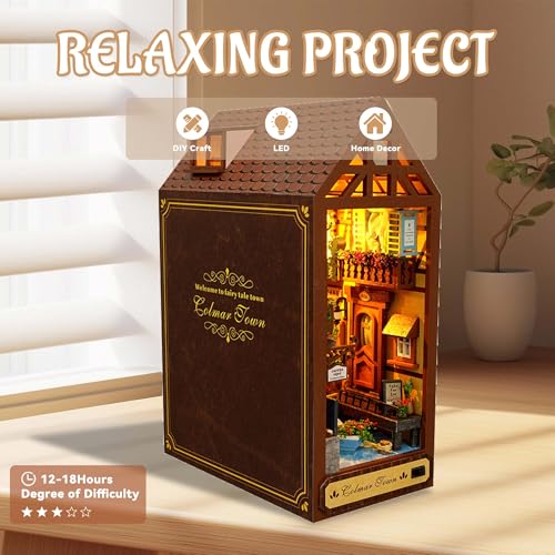 Flever Dollhouse DIY Book Nook Miniature Kit, Chinese Style Bookshelf Insert Decor, 3D Wooden Puzzle Booknook Miniature Kit for Creative Assembled Bookends (Leisure Years)