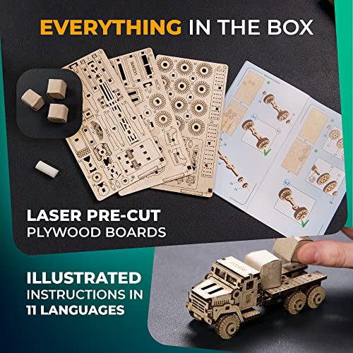 UGEARS Military Truck 3D Puzzle - Wooden Model Kit for Adults to Build - Mechanical Model Truck Car Making Kit - 3D Jigsaw Puzzle Wood Off-Road Car - DIY Brain Teaser Puzzle Construction Set
