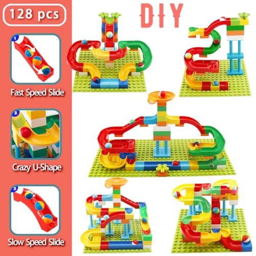 Anpcso Marble Run Building Blocks, 128 PCS STEM Toy with Toss Ring Game - style: with ring toss