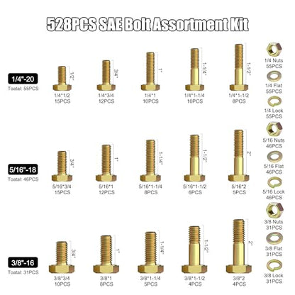 ZTF 528Pcs Grade 8 Bolts and Nuts Assortment Kit, SAE Hex Bolt Hardware Set - color: Gold