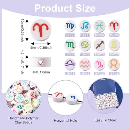 Elecrelive 180pcs Zodiac Clay Beads 12 Constellations Flat Round Loose Beads 10mm Disc Polymer Clay Beads for Jewelry Necklace Earring Friendship Birthday Bracelet Making - color: Mixed Color-12 Constellations