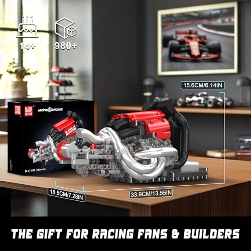 Mould King Racing Car Engine Model Kit, 980+Pcs Motorized Mini Engine Kits That Runs, Build Your Own Model Engine with Gearshift & Battery, Building Blocks for Adults, DIY Construction Engineering Toy - style: 10188 Racing Engine