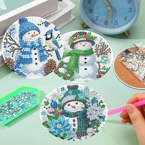 8 PCS Christmas Diamond Art Coasters Kits with Holder Cork Pads - color: Christmas Snowman a Coasters