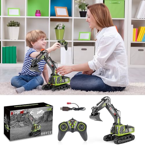 kolegend Remote Control Excavator Toy 16 Inch, 11 Channel RC Construction Vehicles Hydraulic Haulers Digger Toys Gift for 6 7 8 9 10 Years Old Kids Boys - color: Green