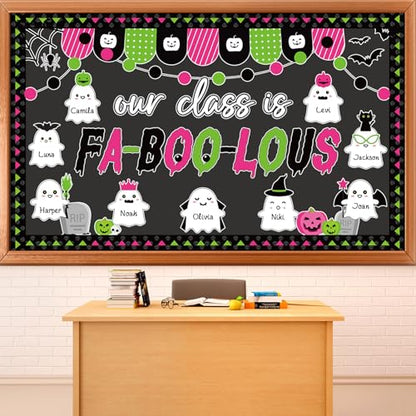 Halloween Ghost Bulletin Board Decoration Witch Bat Pumpkin Spider Web Paper Cutouts Boo Ghost Pattern Classroom Decor Halloween Party Bulletin Board for School Chalkboard Wall Decor Teacher Supplies - style: Cute Ghost
