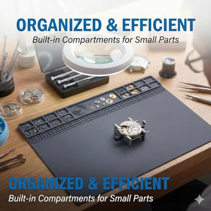 Non-Slip Watch Repair Mat with Parts Organizer - Anti-Static Rubber Work Pad for Jewelers & Watchmakers - Gray Maintenance Platform Table Mat with Screw Compartments (13.8" x 9.8")