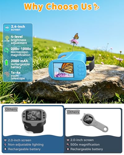 1000X Kids Handheld Microscope, 4K Digital Mini Pocket Digital Microscope with 2.4" IPS Screen, Built-in Camera & 12 Prepared Slides, STEM Educational Toy, Birthday Gift for Boys & Girls Ages 3–12 - color: Blue