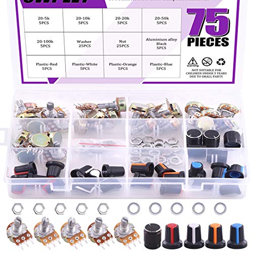 Swpeet 75Pcs B5K 10K 20K 50K 100K Ohm Knurled Shaft Linear Rotary Taper Potentiometer with 5 Different Kinds Knob(WH148) Kit for Tinkering - style: Plastic