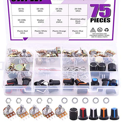 Swpeet 75Pcs B5K 10K 20K 50K 100K Ohm Knurled Shaft Linear Rotary Taper Potentiometer with 5 Different Kinds Knob(WH148) Kit for Tinkering - style: Plastic
