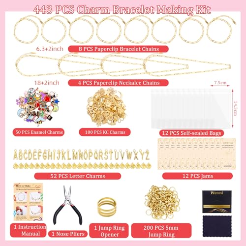 Wurosi Gold 443PCS Gold Charm Bracelet Necklace Making Kit for Women - color: 443 Pcs Gold Bracelet Necklace