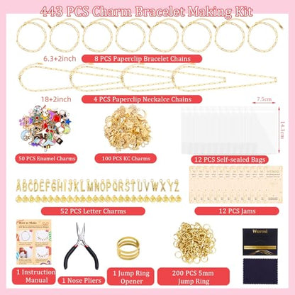 Wurosi Gold 443PCS Gold Charm Bracelet Necklace Making Kit for Women - color: 443 Pcs Gold Bracelet Necklace