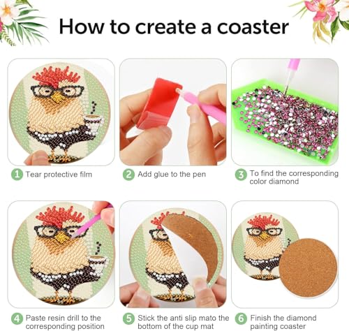 Diamond Art Coasters Kit, 8 Pieces Chicken Diamond Painting Coasters Kit - color: Chicken