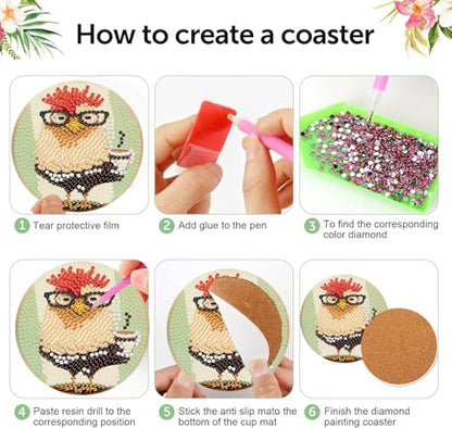 Diamond Art Coasters Kit, 8 Pieces Chicken Diamond Painting Coasters Kit - color: Chicken