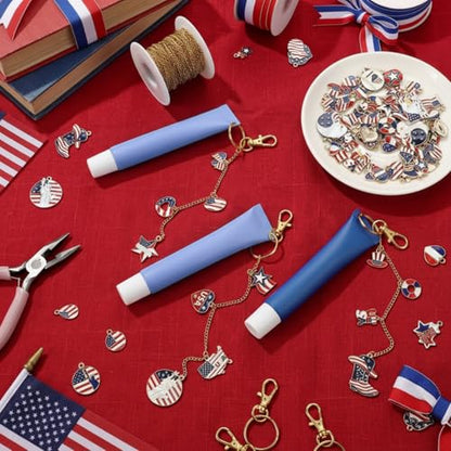 VioraWhite 213 Pcs 4th of July Lip Gloss Keychain Making Kit for 250th Anniversary 100 Red White Blue Enamel Charms Lip Balm 32.81 ft Chains for Independence Day Patriotic DIY Crafts Women - style: 4th of July Theme