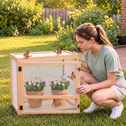 Bucherry Wooden Butterfly Habitat Cage Kit Monarch Caterpillar Enclosure with Mesh Tent & Wood Frame, Detachable Insect Observation House for Kids Outdoor Garden (20") - size: 20"