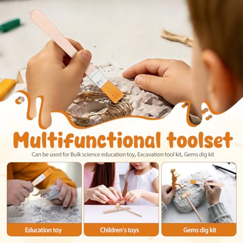 Kids Archaeological Excavation Tools Kit with Wooden Hammer Brush and Chisel - Educational Stem Toy for Rock Digging Pretend Play and Fossil Excavation