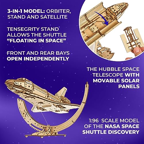 UGEARS NASA Space Shuttle Discovery - Wooden Models to Build for Adults - Space Shuttle Model Kit - Mechanical 3D Puzzle Wooden Model Kit for Adults - Spacecraft Model with Detailed Features
