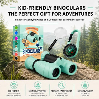 Binoculars for Kids – Perfect Toy for Little Boys and Girls – Extensive Set Incl. Magnifying Glass & Compass – Powerful Magnification 8X21 – 3 to 12 Year Old Kids for Toddler - color: Mint Green