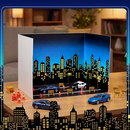 AmazingSpark 2 Set Hero City Skyline Diorama Box and Road Sticker Decor, Black Skyscraper Building Diorama Project Supplies Set, Cardboard Display Case Kit with Double Sided Tapes for DIY Crafts - style: Hero
