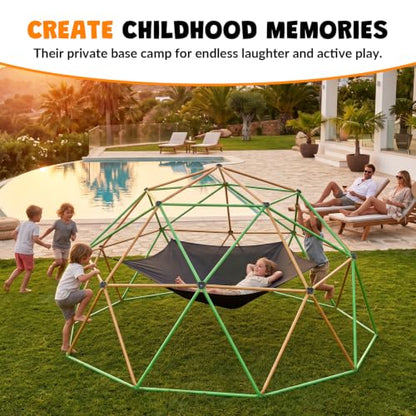 jumpfly 13FT Climbing Dome with Hammock and Swing, 6.9FT Extra Tall Jungle Gym for Backyard, Heavy Duty Dome Climber with Anti-Slip Textured Steel & 16 Grips, Outdoor Playset for Kids - color: Brown/Green