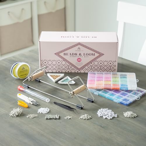 Complete Bead Loom Kit with 24,000 Colorful Glass Beads for Jewelry Making, Non-Stretch Thread and Big-Eye Beading Needles - DIY Craft Supplies Set for Creating Beaded Bracelets, Earrings, Rings