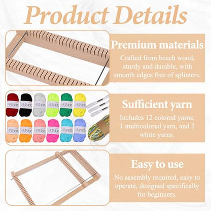 ASTIMESA 11.4'' x 7.4''/29 x 19 CM Wooden Weaving Loom Kit, Multi-Craft Weaving Loom for Adults Frame with 12 Colorful Yarns & Tools DIY Beginners Knitting Blanket Tapestry