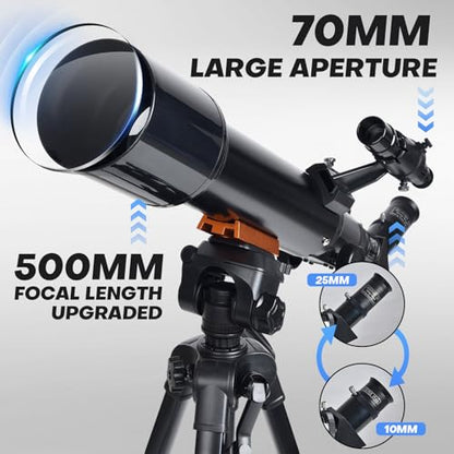 Telescope for Beginners : 70mm / 500mm Refractor (150X HD) Easy Set Up