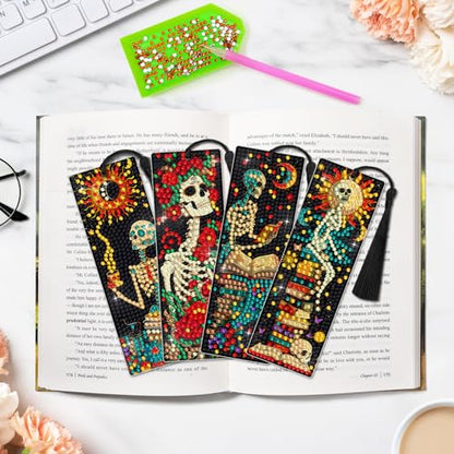 6 PCS Diamond Art Kits Bookmarks Diamond Painting Kit Book Mark, Handmade DIY Skeleton Diamond Art Skull Gem Art Acrylic Tassel Bookmarks for Women Adults, Craft Kits Gift Set for Book Lovers - style: Skeleton