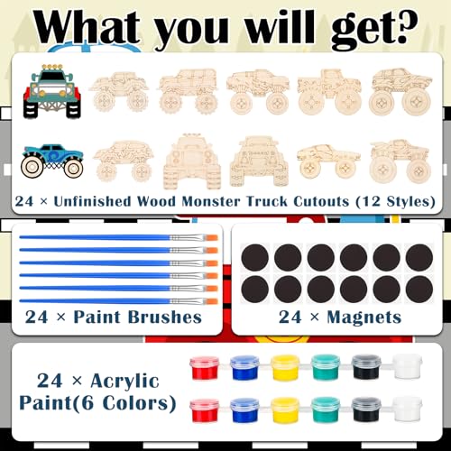JellyArch 24 Pcs Monster Truck Party Favors Unfinished Wooden Truck Painting Set with Paints Magnets Car Party Favors DIY Wood Vehicles Ornaments for Car Celebration - style: Monster Truck