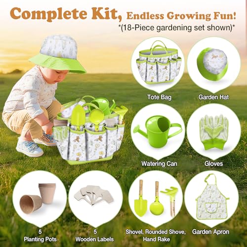 Kids Gardening Tool Set 18PCS Outdoor Toys Tote Bag Watering Can Green - color: Green