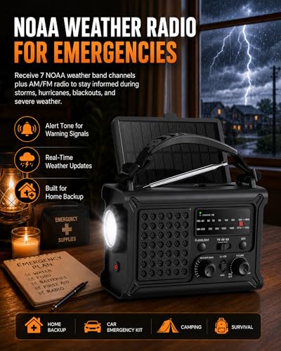 Emergency Radio, 12000mAh Solar Hand Crank NOAA Weather Radio, Black - color: Upgraded Black