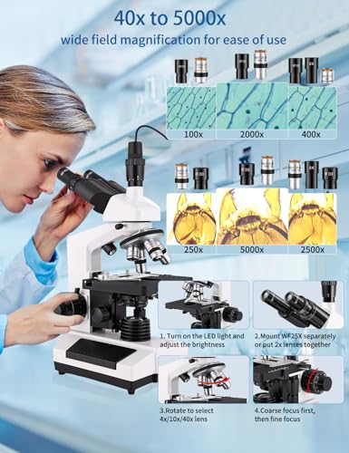 Microscopes for Adults WF10x and WF25x eyepieces Compound Microscope with Microscope Slides, Microscopes Kit for Kids Students Home School (Monocular Microscope with Big Bundle) - color: White