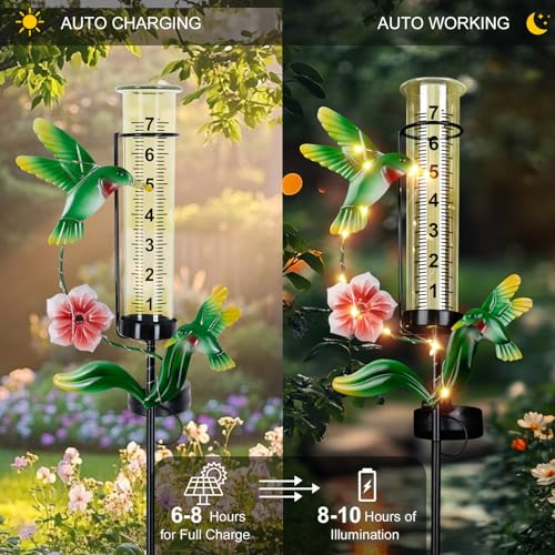 Hummingbird Rain Gauge Outdoor, 38" Tall Solar Rain Gauges - color: Green - Hummingbird
