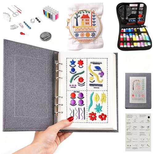 Vipxsa Embroidery Stitch Book Kit for Beginners, 138 Patterns with Embroidery Hoop & 87 PCS Tools, Portable Loose-Leaf Beginner Embroidery Kit Hand Embroidery Starter Kit for Adults DIY Craft Lovers