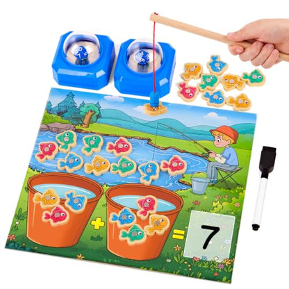 Magnetic Fishing Math Game for Kids 3-5, Montessori Counting Toy with Dice Poppers, Preschool Math Manipulatives Board Game, Addition and Subtraction Dice Game for Homeschool Classroom - style: Blue