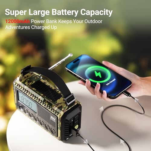 Emergency Radio 12000mAh, Auto Digital Weather Radio Portable AM FM SW NOAA - color: Camo Green