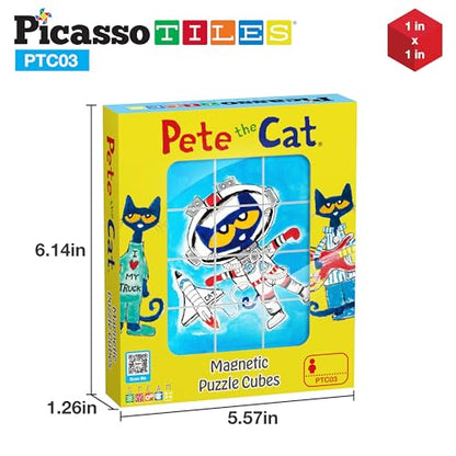 PicassoTiles Magnetic Tiles Pete the Cat Magnet Puzzle Cube Set 6 Cartoon Theme Mix and Match Brain Teaser STEM Educational Toy for Kids Toddlers Preschool Age 3 Plus Sensory Learning Play Kit PTC03 - style: Pete the Cat Mix and Match