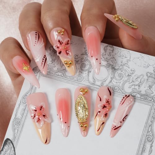 Handmade Press on Nails Long Stiletto - Virgin Mary 3D Gold Charm Pink Ombre Lily Flower Fake Nails, Reusable Acrylic Nail Art Kit for Women, 10Pcs (Blush Gilded Gold,M) - color: Blush Gilded Gold, size: M