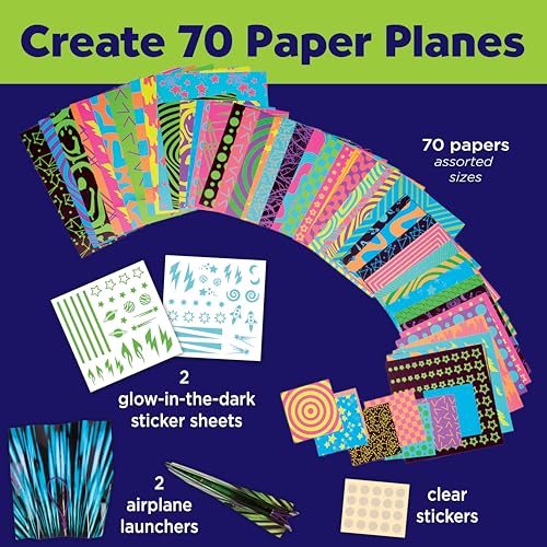 Creativity for Kids Paper Airplane Kit - Stunt Squadron Neon Glow, Makes 70 Paper Airplanes and 2 Plane Launchers, STEM Birthday or Summer Activities for Kids (Ages 6+)
