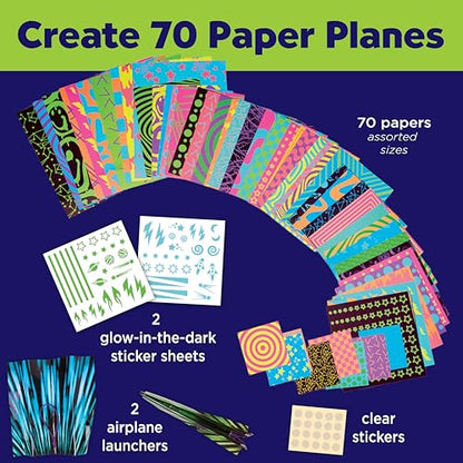 Creativity for Kids Paper Airplane Kit - Stunt Squadron Neon Glow, Makes 70 Paper Airplanes and 2 Plane Launchers, STEM Birthday or Summer Activities for Kids (Ages 6+)