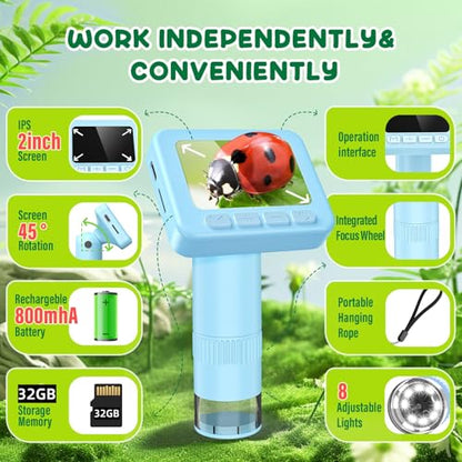 IMICHI Microscope for Kids 50X-1000X - 2 inch IPS HD Screen, 32GB Storage Card, 1080P Video, 2-Hour Battery Life, Easy Carry, Slides Included - Perfect Science Kit Gift for Kids Ages 8-12 Blue - color: Blue