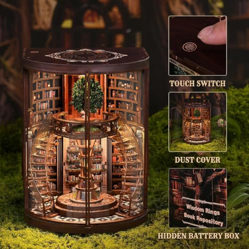 Book Nook Kits for Adults, 3D DIY Miniature Wooden Puzzle with LED Light, Adult Crafts Kits, House Bookshelf Decor, 356 Pieces Model Building Gift for Adults & Teens (Wisdom Library)