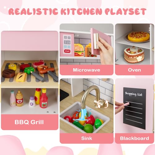 Costzon Kids Kitchen Playset, Wooden Pretend Play Kitchen with BBQ Grill, Ice Maker, Range Hood, Blackboard & Cooking Accessories, Toy Kitchen Set with Lights & Sounds, Gift for Toddlers Ages 3+ - color: Pink