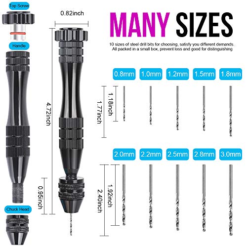 LEOBRO Hand Drill for Resin Molds, 12 cm Black Pin Vise with 10 PCS Steel Drill Bits (0.8-3mm), for Drilling Holes in Epoxy Resin, Polymer Clay, Wood, Making Jewelry Keychain Pendant - color: B-black