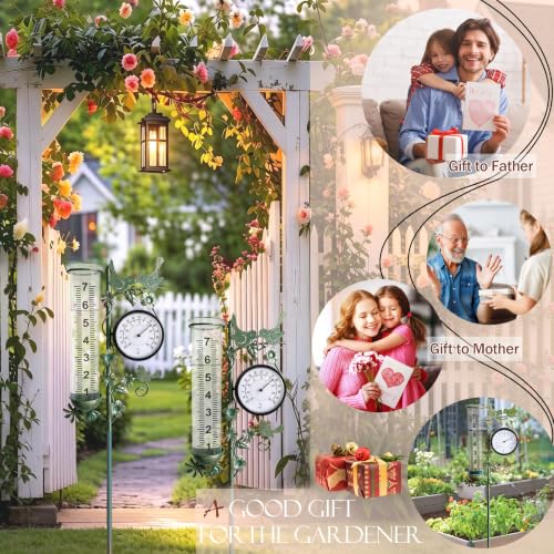 Rain Gauge Best Rated with Thermometer, Freeze Proof & Weatherproof - color: Bird & Flowe (Green)