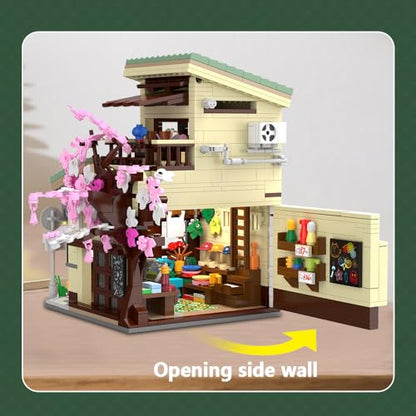 CaDA Japanese Style Cat Grocery Store House Building Set, Master C66015W City Street Brick Kit with Lights, 8921PCS Modular House Idea Gift for Adults - color: C66015w