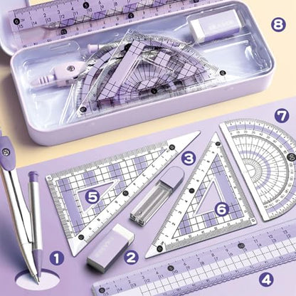 8 Pcs Purple Geometry Set Cute Compass Set with Maths Protractor Rulers, Math Set for Drawing Measuring Tools, Kawaii Ruler Kit for Class Women Girls School Supplies (Purple) - color: Purple